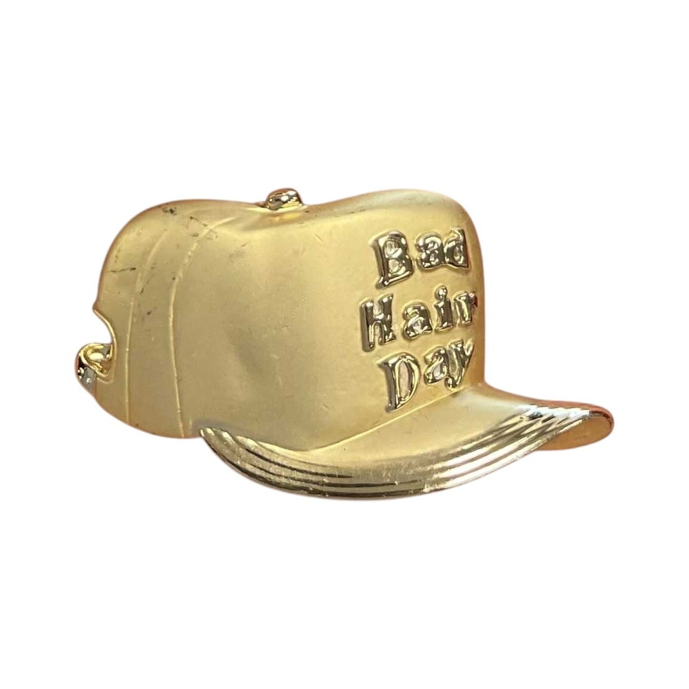 Signed AJC Fun Bad Hair Day Gold Tone Baseball Cap Hat Pin Brooch